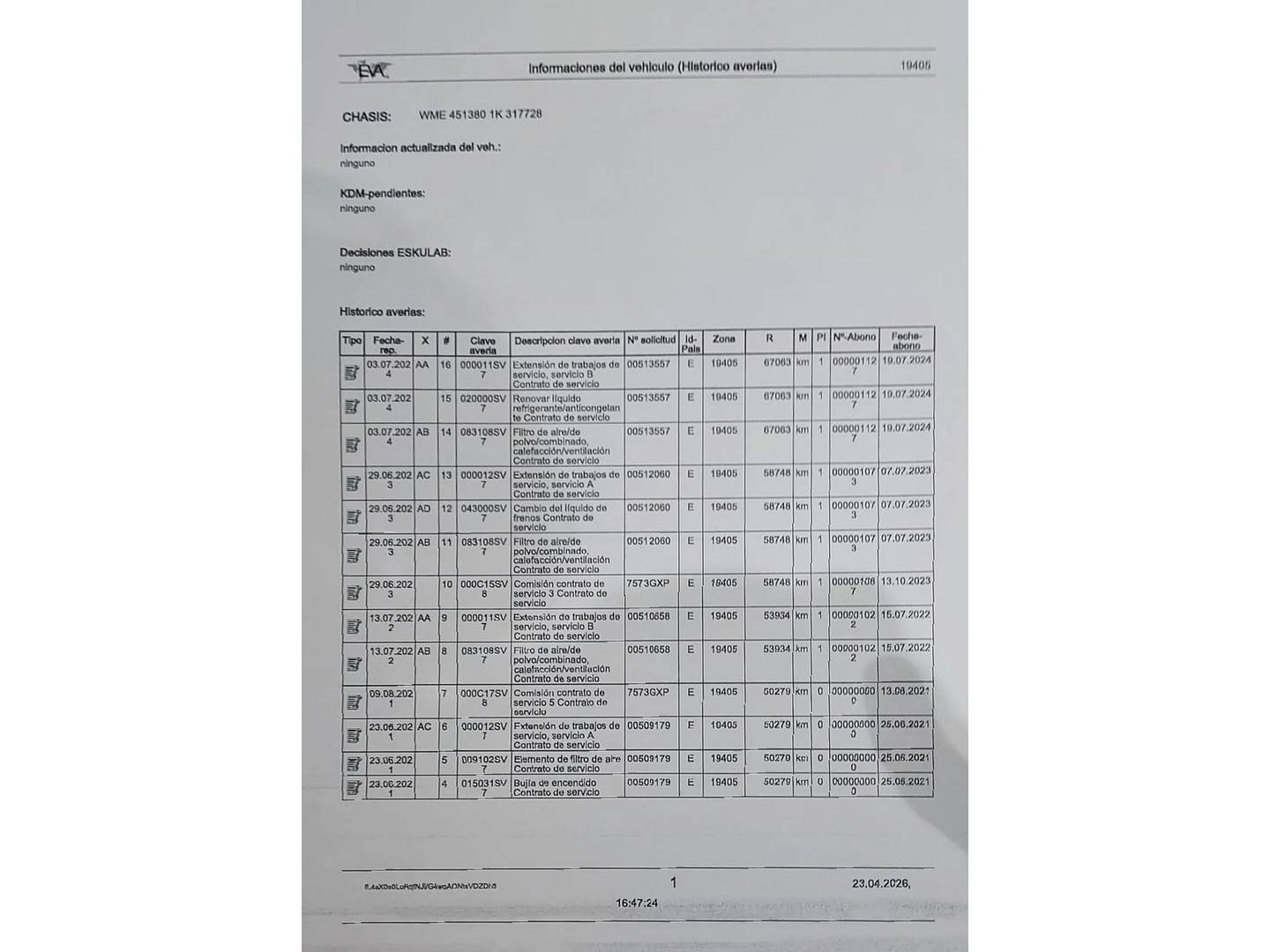 Foto del mantenimiento del Smart fortwo Smart ForTwo Coupe 52 mhd Passion (71 CV)
