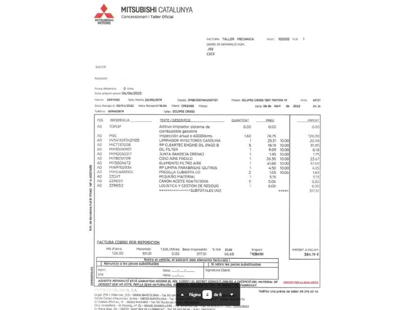 Foto del mantenimiento del Mitsubishi Eclipse Cross Mitsubishi Eclipse Cross 150T Motion (163 CV)