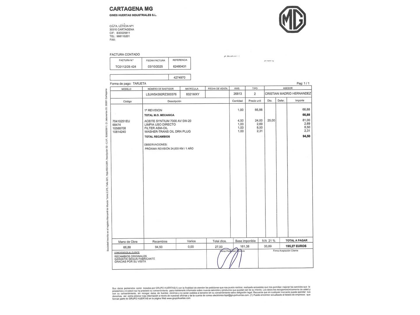 Foto del mantenimiento del MG ZS MG ZS 1.5 Hybrid+ Luxury (197 CV)
