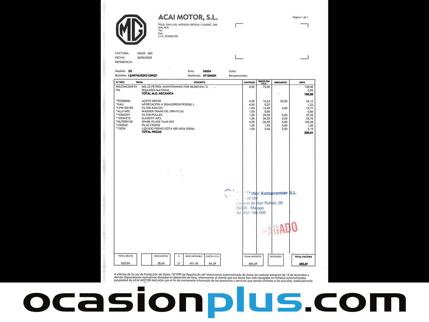 Foto del mantenimiento del MG ZS MG ZS 1.5 Comfort  (106 CV)