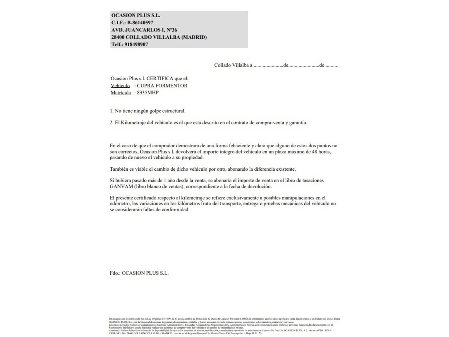 Foto del certificado del Cupra Formentor CUPRA Formentor 2.0 TDI (150 CV)