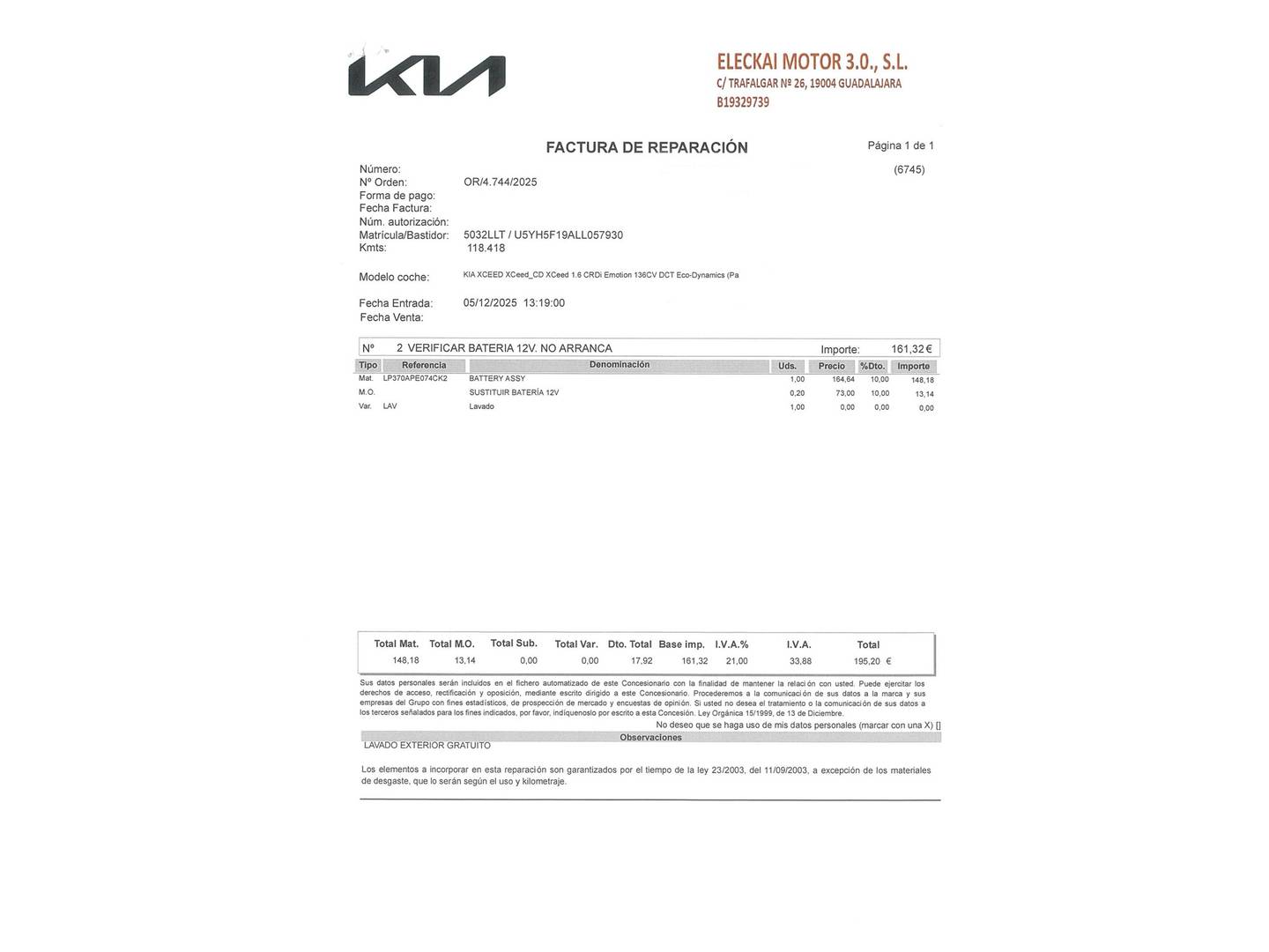 Foto del mantenimiento del KIA XCeed KIA XCeed 1.6 MHEV iMT Tech (115 CV)