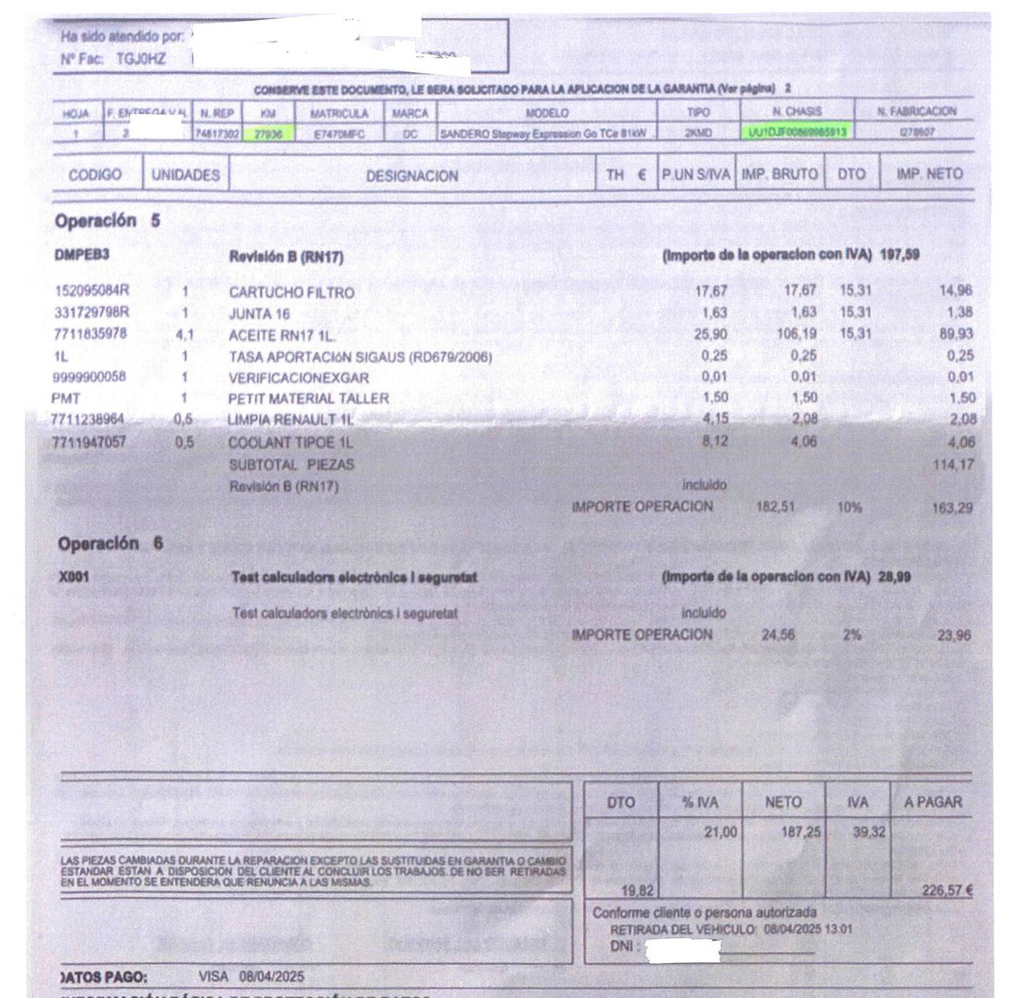 Foto del mantenimiento del Dacia Sandero Dacia Sandero Stepway Expression Go TCe (110 CV)