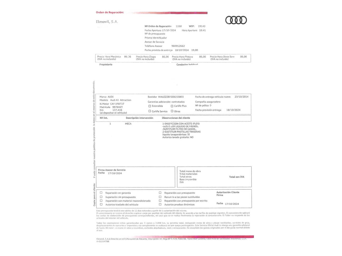 Foto del mantenimiento del Audi A1 Audi A1 Attracted 1.6 TDI (90 CV) S tronic