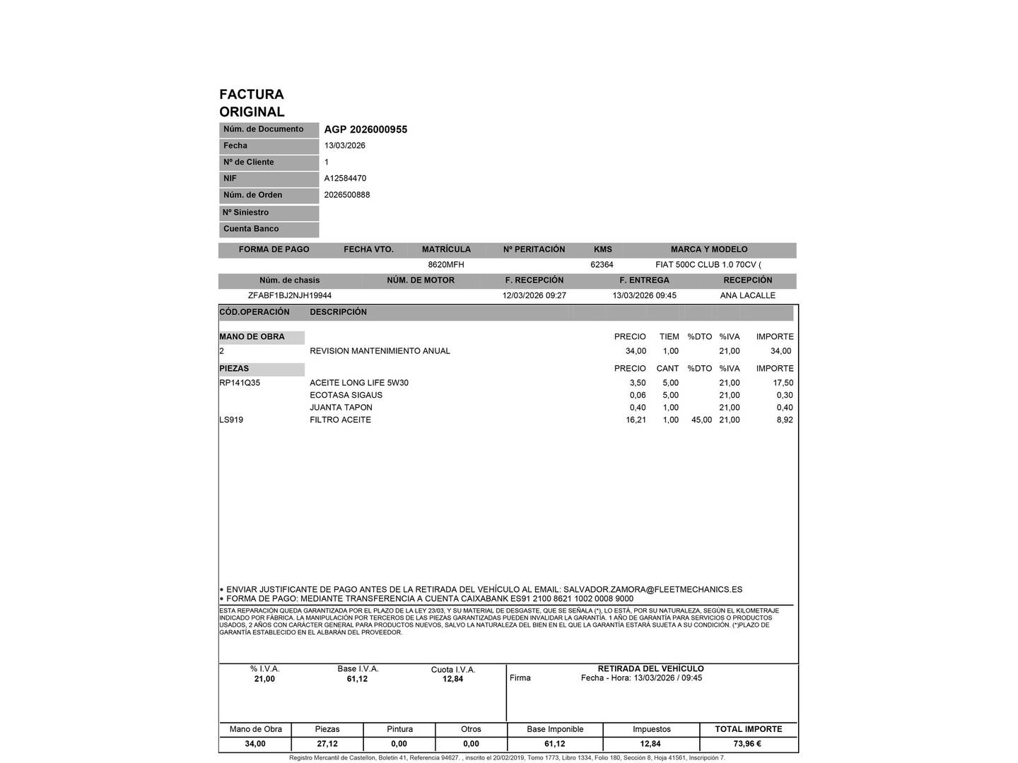 Foto del mantenimiento del Fiat 500C Fiat 500C 1.0 Hybrid Club (70 CV)