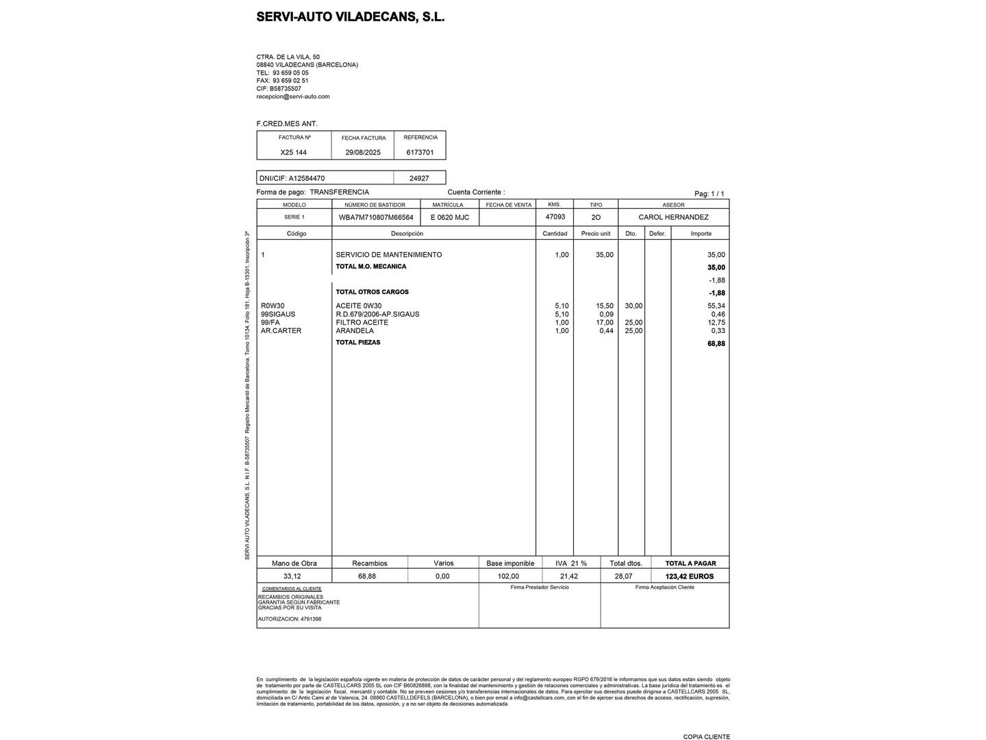 Foto del mantenimiento del BMW Serie 1 BMW Serie 1 116d (116 CV)