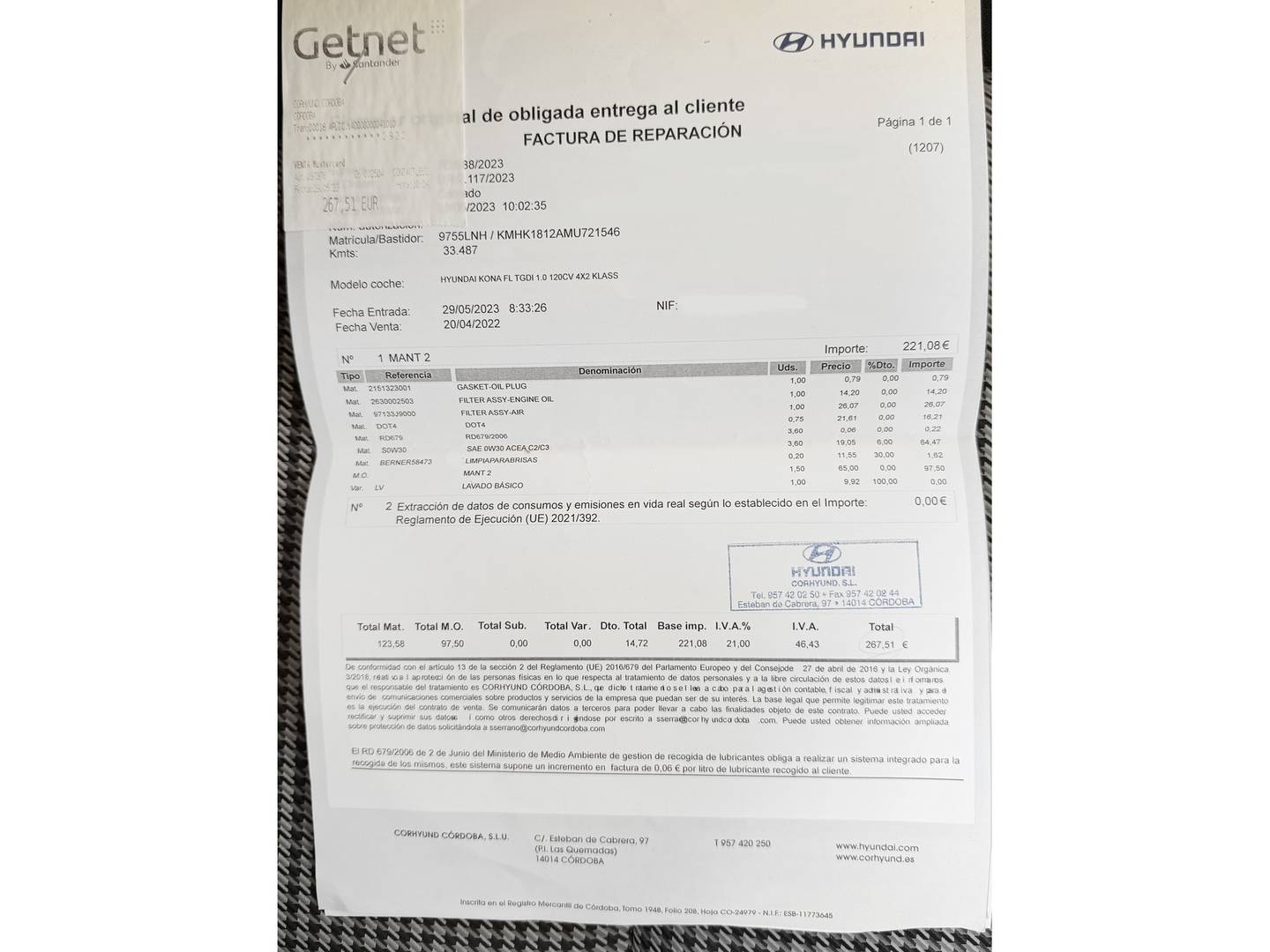 Foto del mantenimiento del Hyundai Kona Hyundai Kona 1.0 TGDI Klass 4x2 (120 CV)