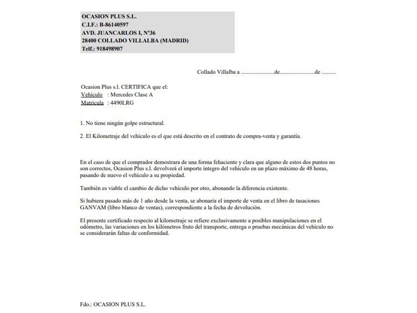 Foto del certificado del Mercedes Clase A Mercedes Clase A 180 (136 CV) Pack AMG