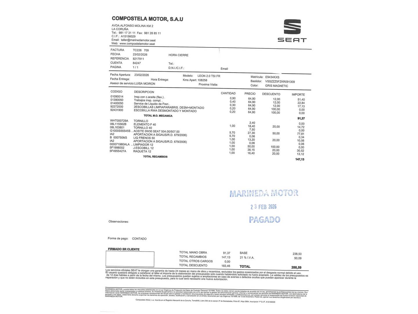 Foto del mantenimiento del Seat León Seat León 2.0 TSI S&S FR DSG (190 CV)