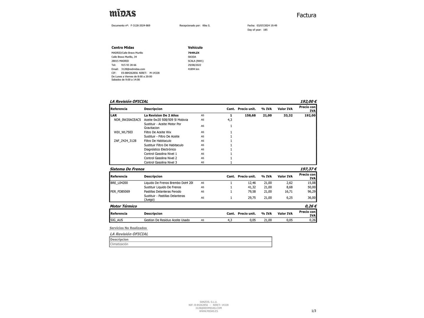 Foto del mantenimiento del Skoda Scala Skoda Scala 1.5 TSI Ambition DSG (150 CV)