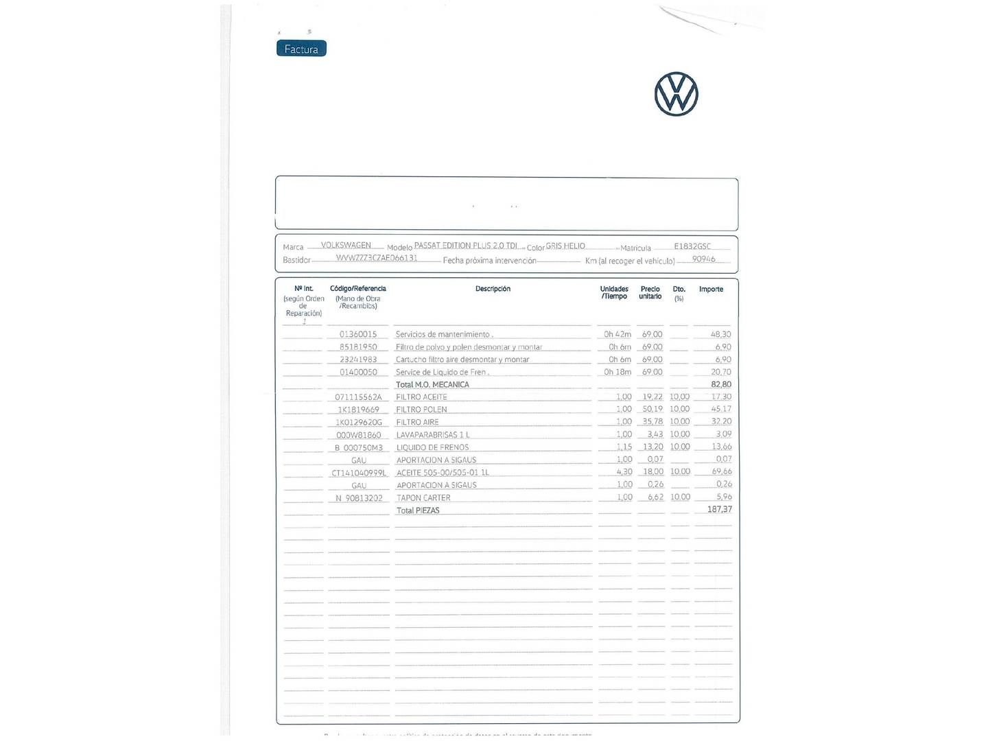 Foto del mantenimiento del Volkswagen Passat Volkswagen Passat 2.0 TDI DPF Edition Plus (110 CV)