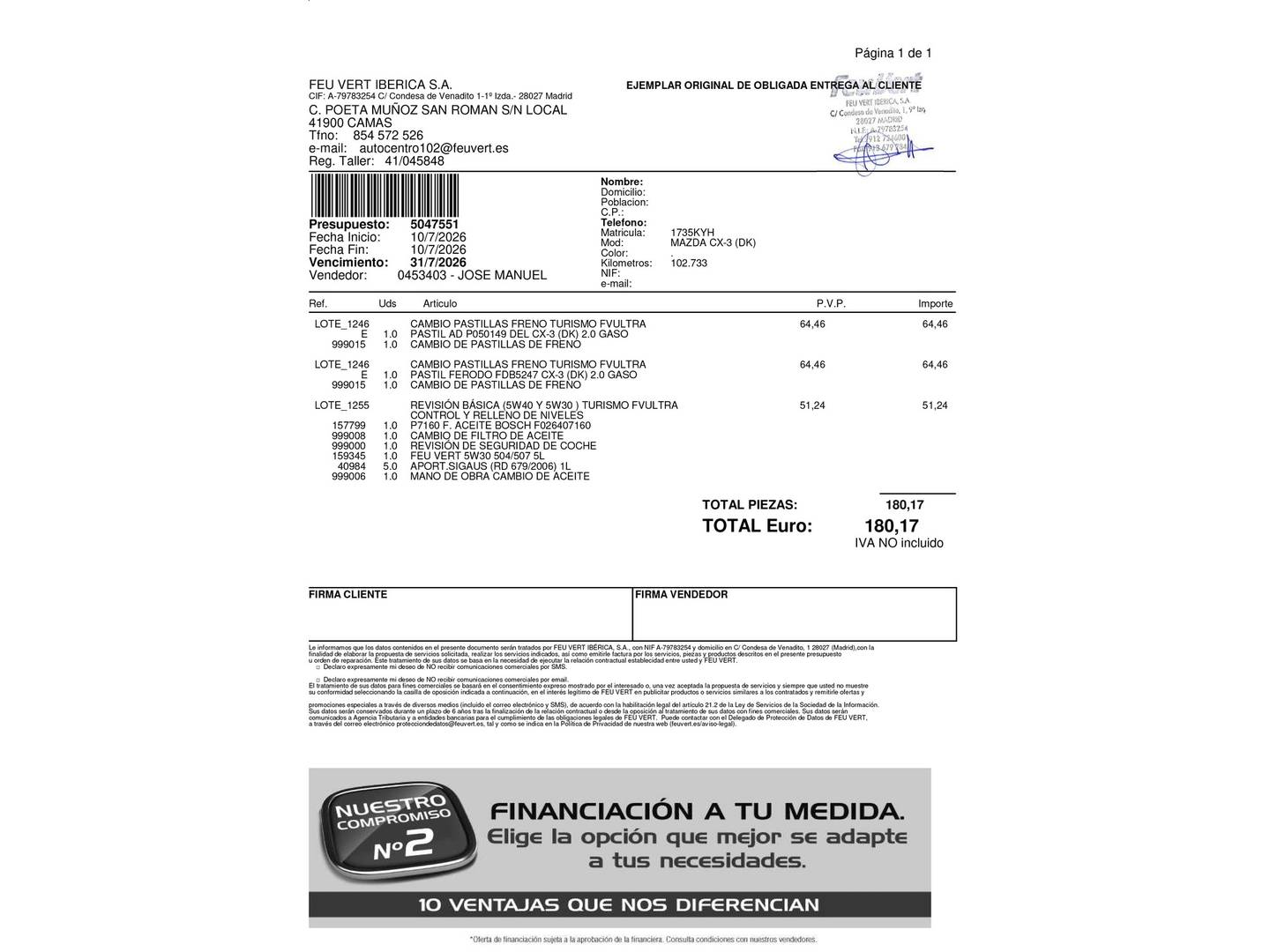 Foto del mantenimiento del Mazda CX-3 Mazda CX-3 2.0 G Zenith 2WD (121 CV)