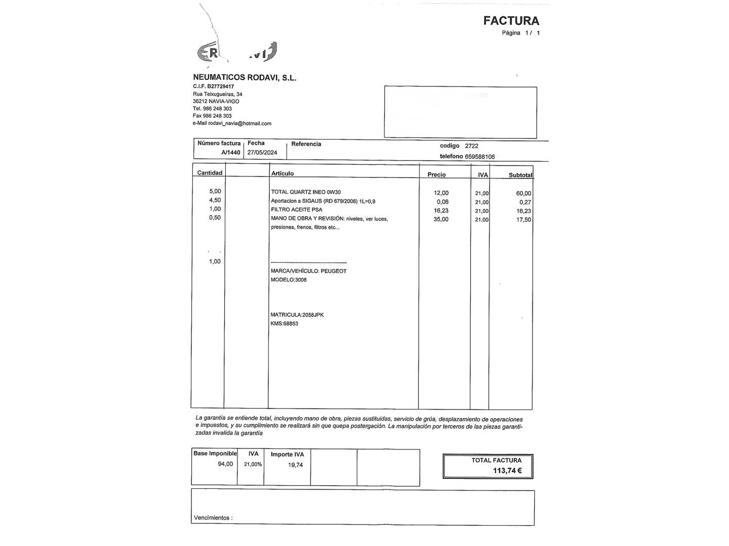 Foto del mantenimiento del Peugeot 3008 Peugeot 3008 1.6 BlueHDI FAP Style (120 CV)