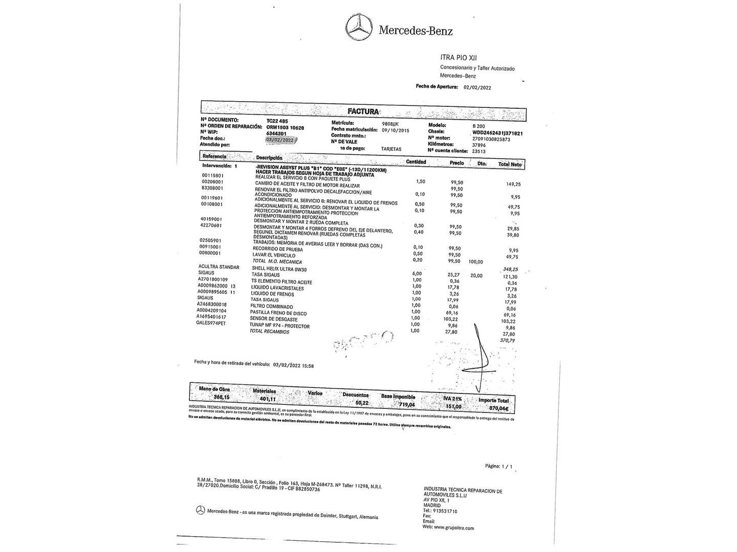 Foto del mantenimiento del Mercedes Clase B Mercedes Clase B B 200 (156 CV)