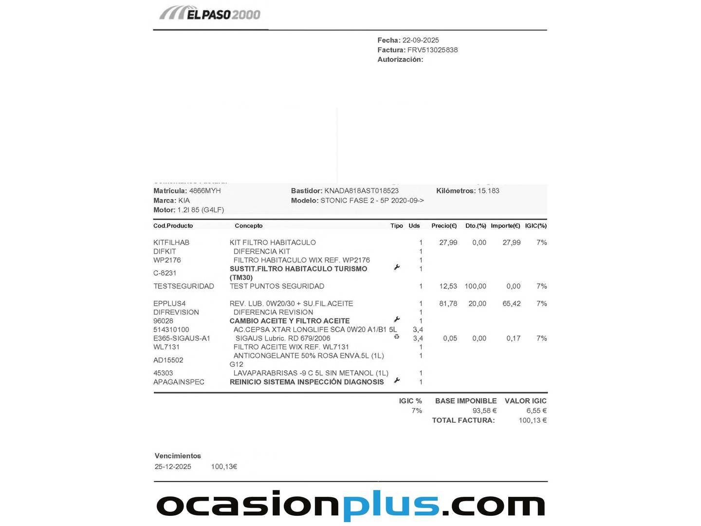 Foto del mantenimiento del KIA Stonic KIA Stonic 1.2 DPi Drive (79 CV)