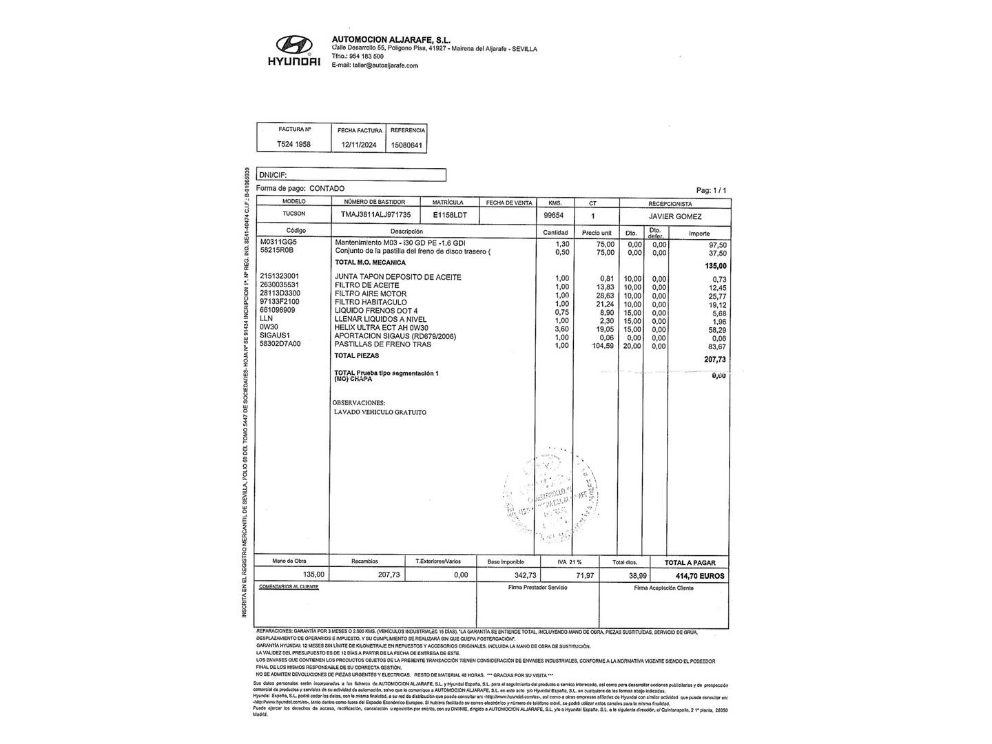 Foto del mantenimiento del Hyundai Tucson Hyundai Tucson 1.6 GDI SLE 4x2  (132 CV)