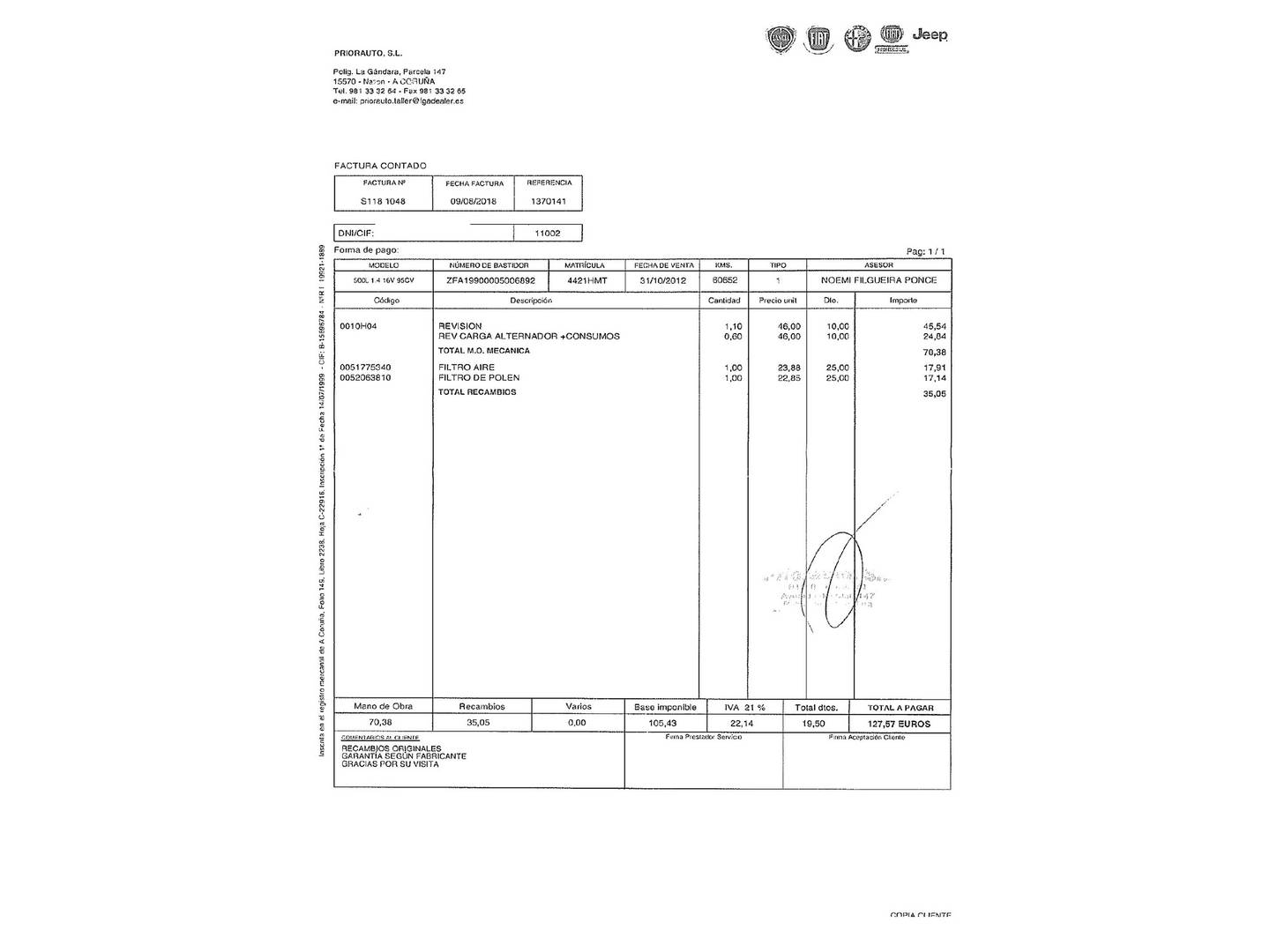 Foto del mantenimiento del Fiat 500L Fiat 500L 1.4 16v (95 CV)
