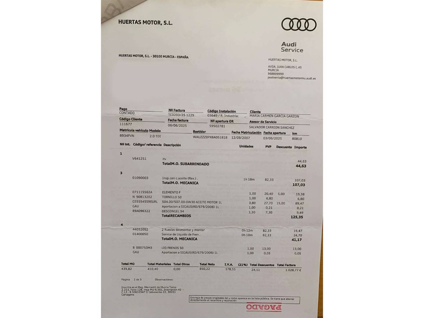 Foto del certificado del Audi A3 Audi A3 Sportback 2.0 TDI DPF  (140 CV) S tronic