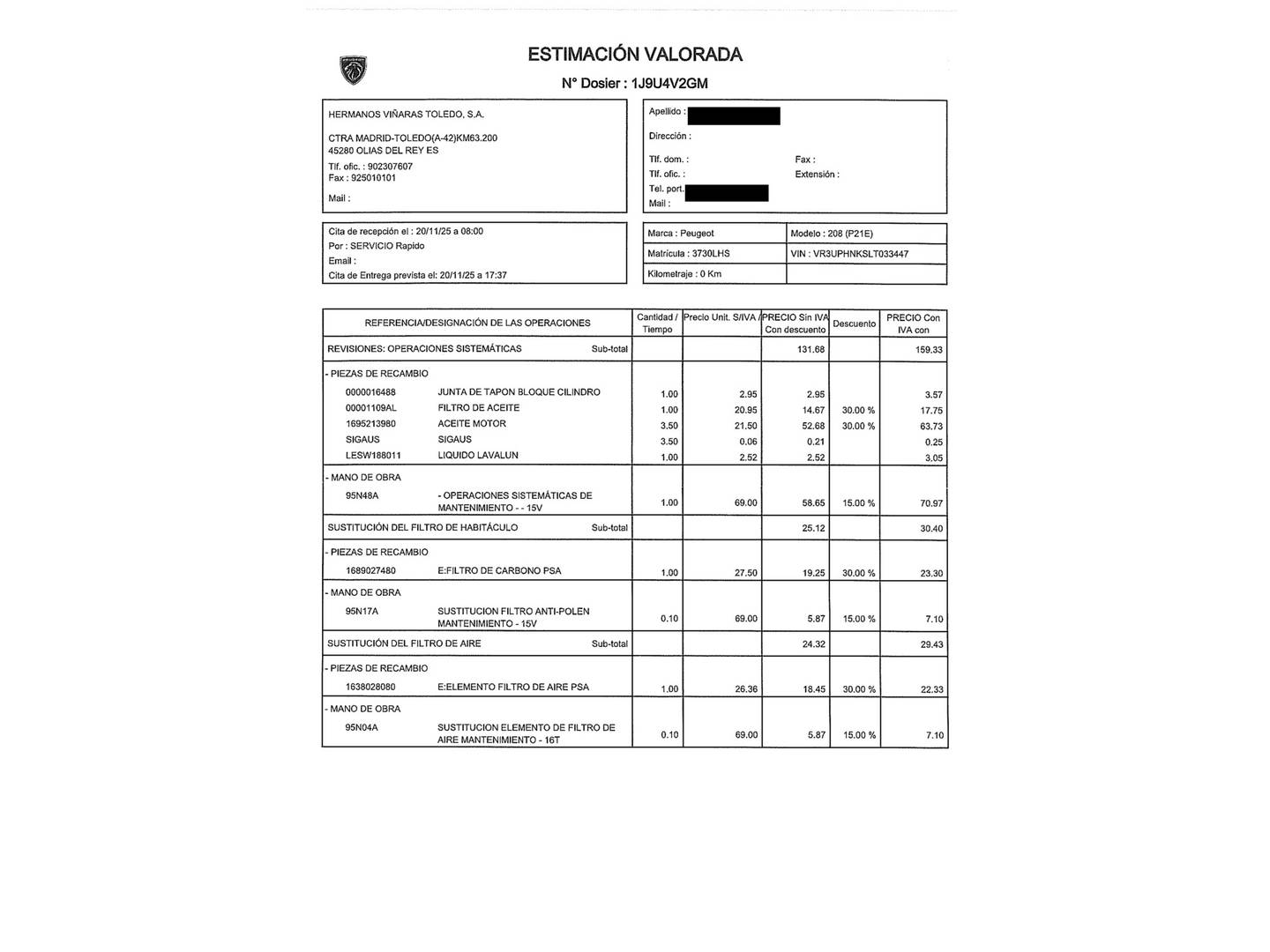 Foto del mantenimiento del Peugeot 208 Peugeot 208 PureTech 100 Allure EAT8 (100 CV)