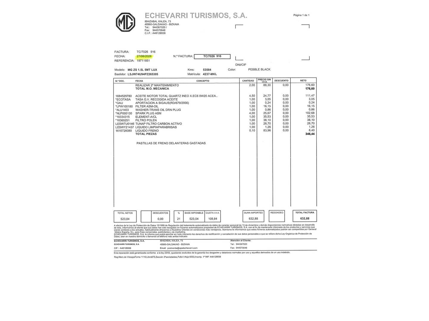 Foto del mantenimiento del MG ZS MG ZS 1.5 Luxury (106 CV)