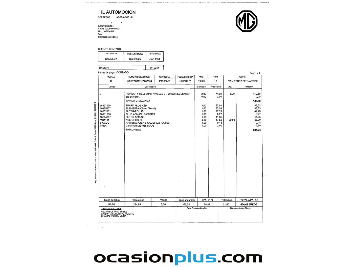 Foto del mantenimiento del MG ZS MG ZS 1.0T Comfort Auto (111 CV)