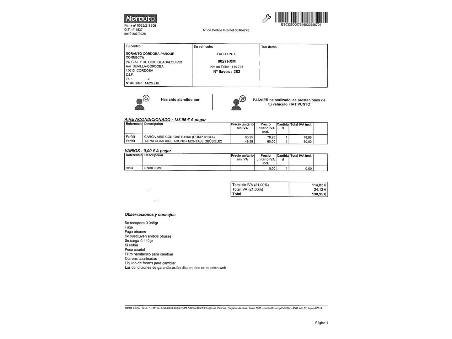 Foto del mantenimiento del Fiat Punto Fiat Punto 1.2 8v Easy (67 CV)