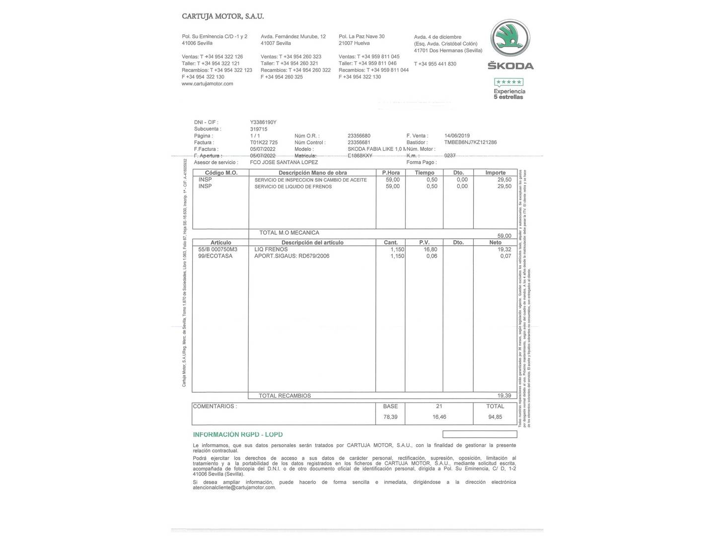 Foto del certificado del Skoda Fabia Skoda Fabia 1.0 MPI Like (75 CV)