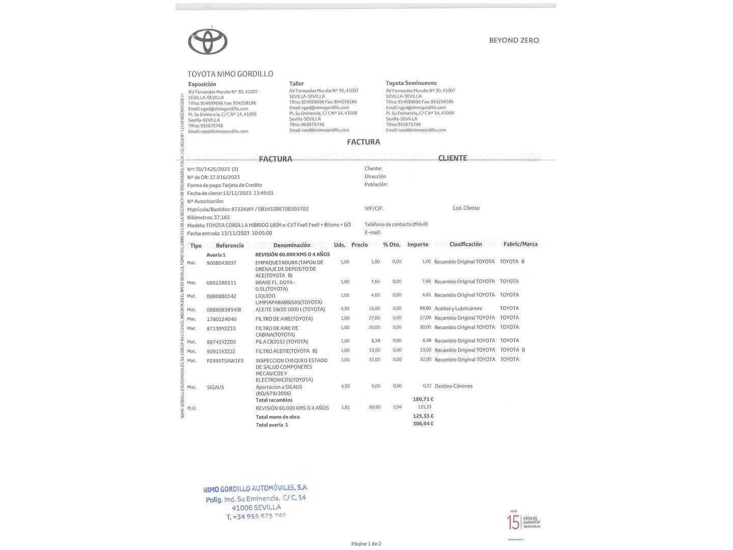 Foto del mantenimiento del Toyota Corolla Toyota Corolla 180H FEEL! E-CVT 132 kW (180 CV)