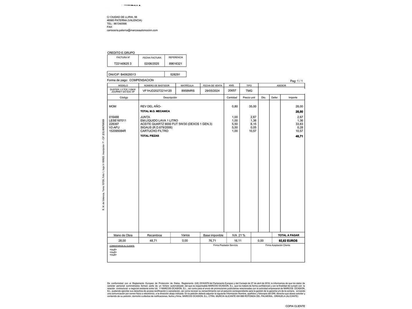 Foto del mantenimiento del Dacia Duster Dacia Duster Journey Go TCE (150 CV) EDC