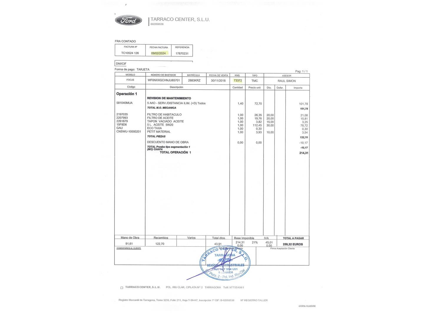 Foto del mantenimiento del Ford Focus Ford Focus 1.0 Ecoboost Trend+ (125 CV)