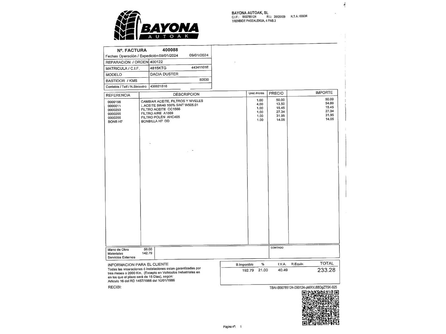 Foto del mantenimiento del Dacia Duster Dacia Duster Comfort 1.6 4x2 (115 CV)