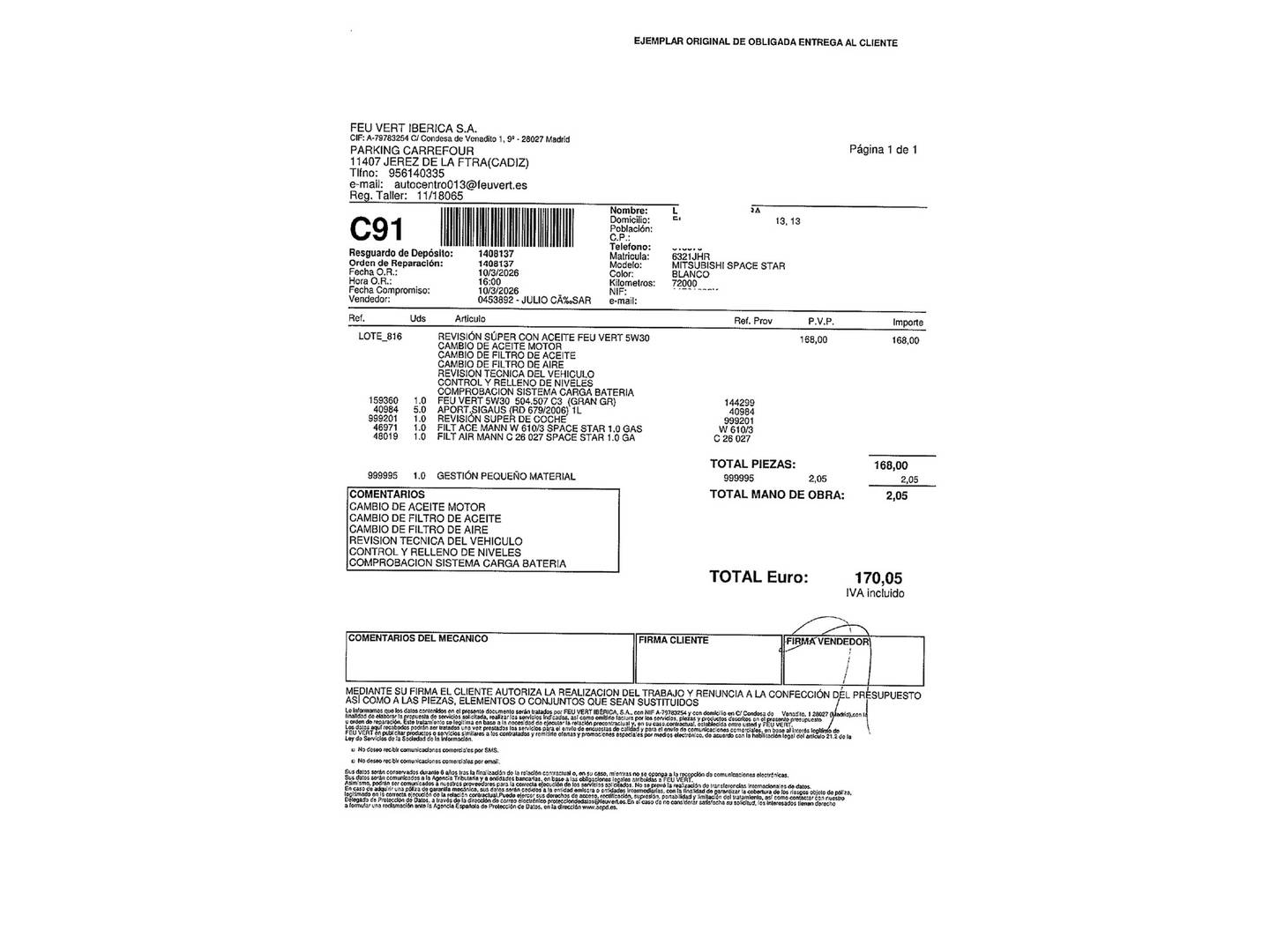 Foto del mantenimiento del Mitsubishi Space Star Mitsubishi Space Star 120 MPI Motion (80 CV)