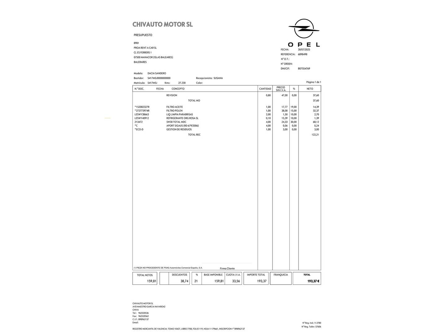 Foto del mantenimiento del Dacia Sandero Dacia Sandero Stepway Expression TCe (91 CV)