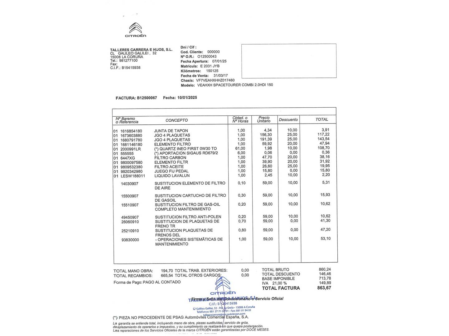 Foto del mantenimiento del Citroën Spacetourer Citroën Spacetourer BlueHDi 150 S&S Feel Talla M (150 CV) 8 Plazas