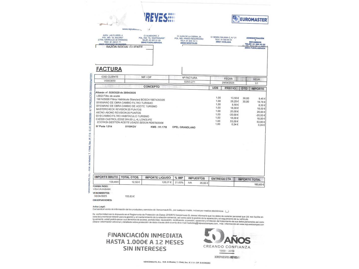 Foto del mantenimiento del Opel Grandland X Opel Grandland X 1.2 Turbo Selective (130 CV)