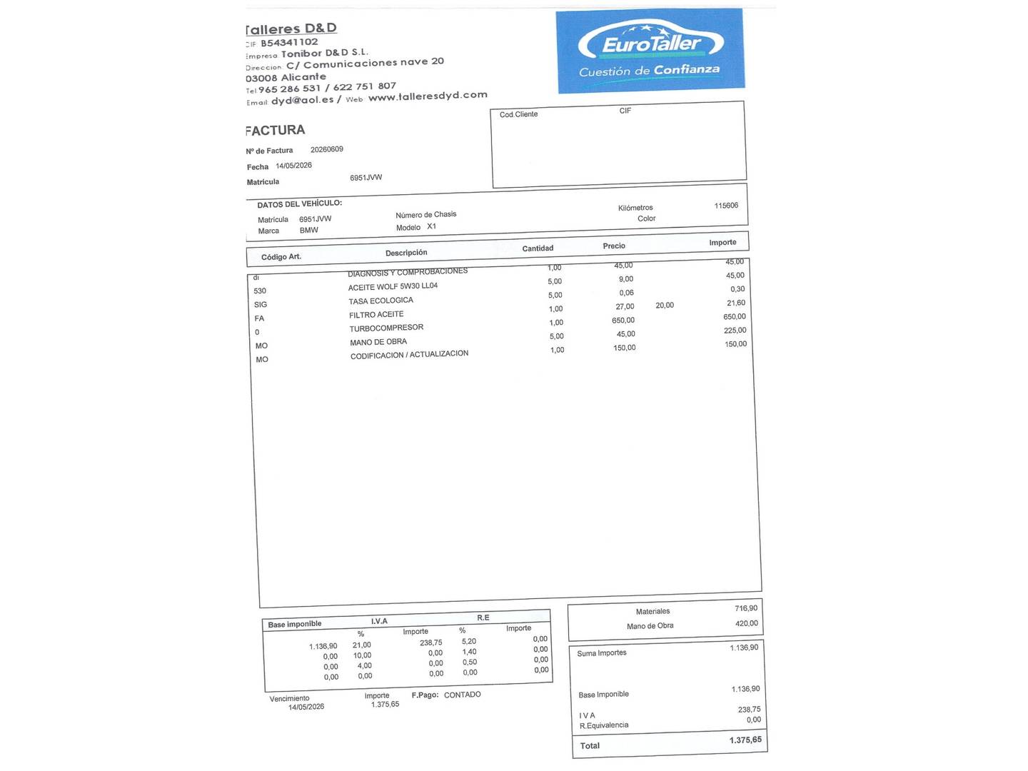 Foto del mantenimiento del BMW X1 BMW X1 sDrive18d (150 CV)