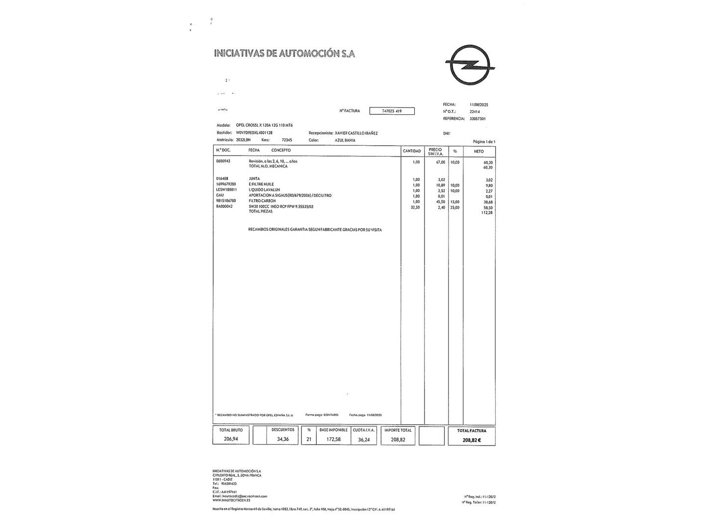 Foto del mantenimiento del Opel Crossland X Opel Crossland X 1.2 Design Line 120 Aniversario (110 CV)