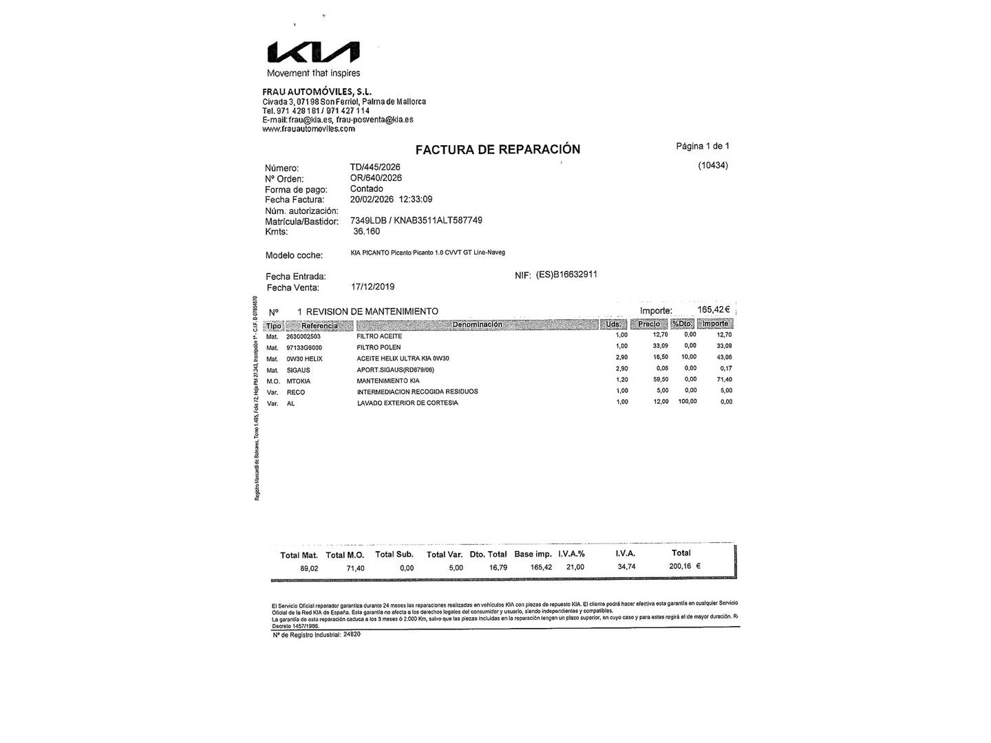 Foto del mantenimiento del KIA Picanto KIA Picanto 1.0 CVVT GT Line (67 CV)