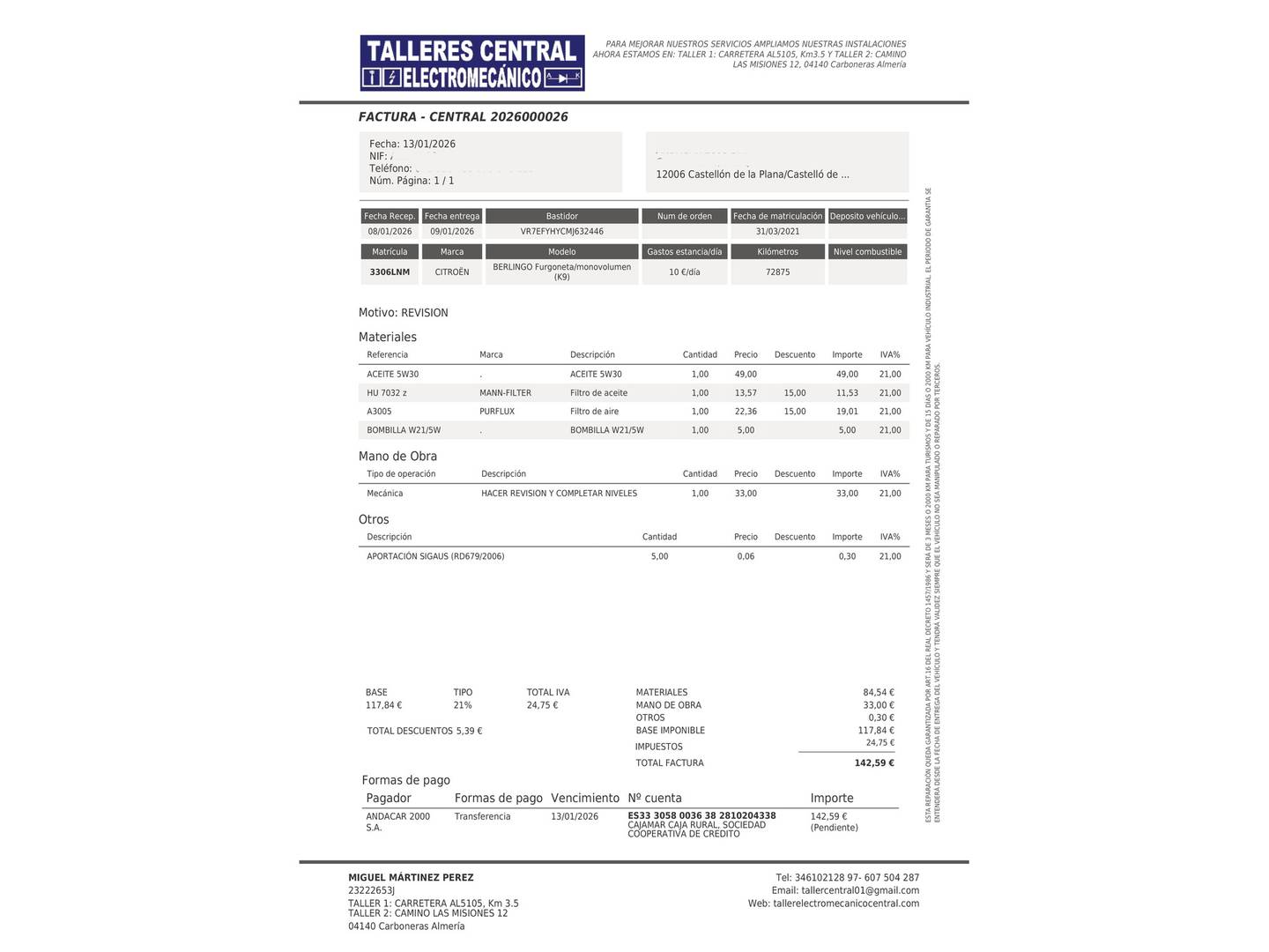 Foto del mantenimiento del Citroën Berlingo Citroen Berlingo BlueHDi 100 Talla XL Club (102 CV)