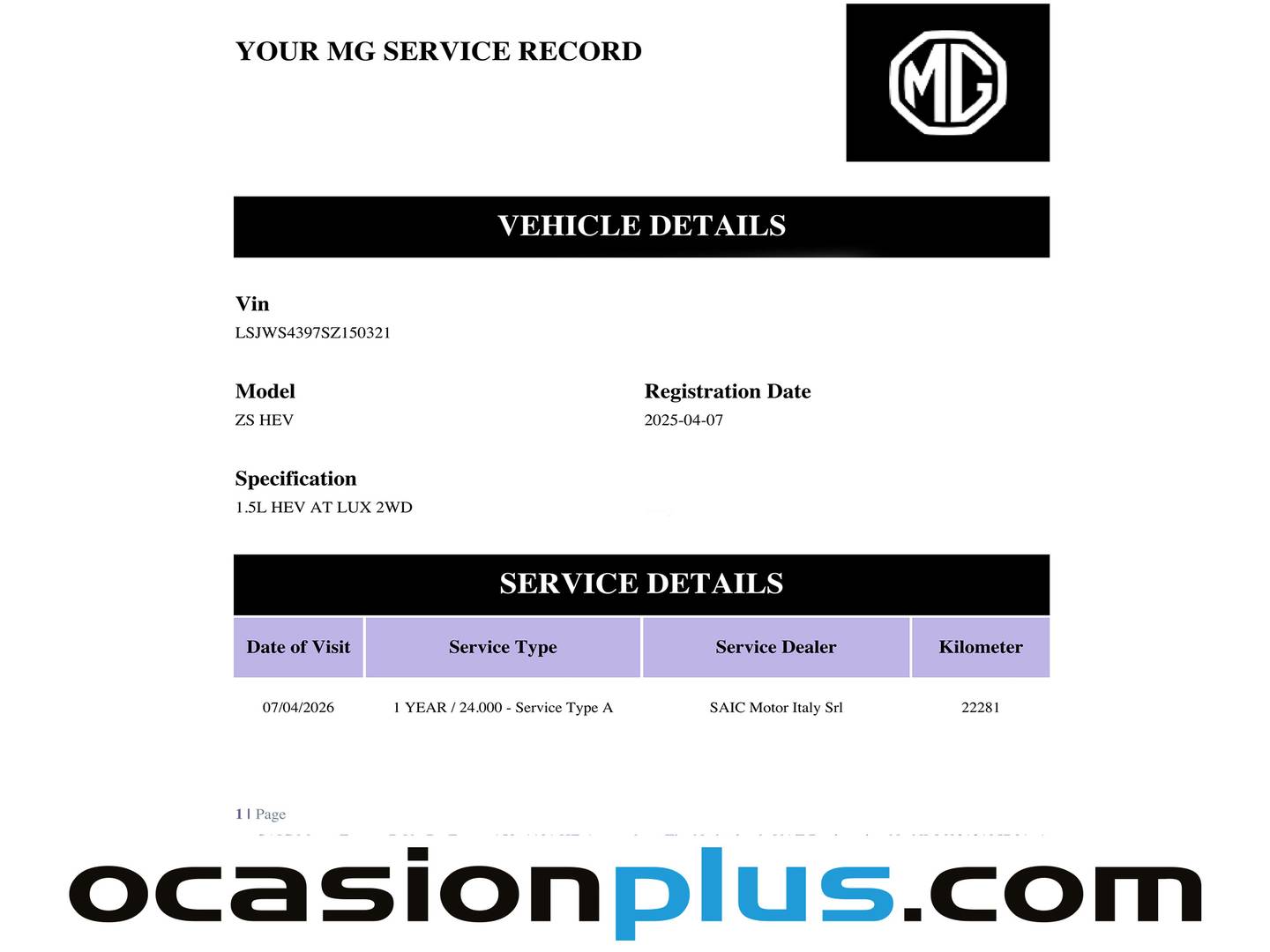 Foto del mantenimiento del MG ZS MG ZS 1.5 Hybrid+ Luxury (197 CV)