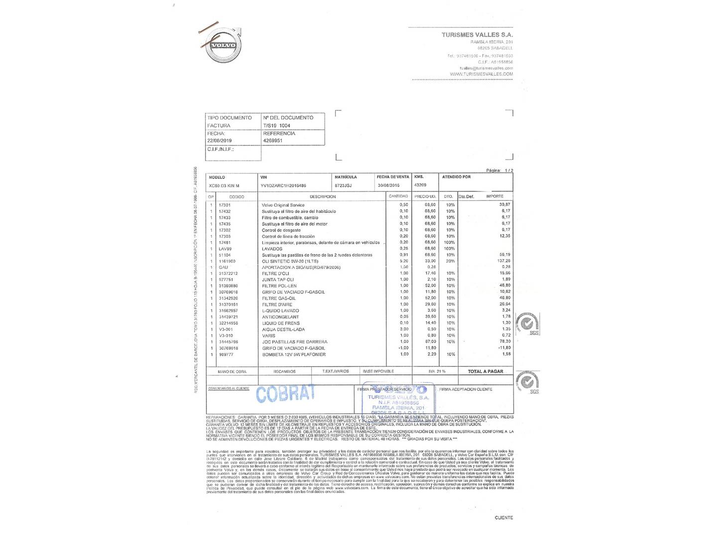 Foto del mantenimiento del Volvo XC60 Volvo XC60 D3 Kinetic (150 CV)