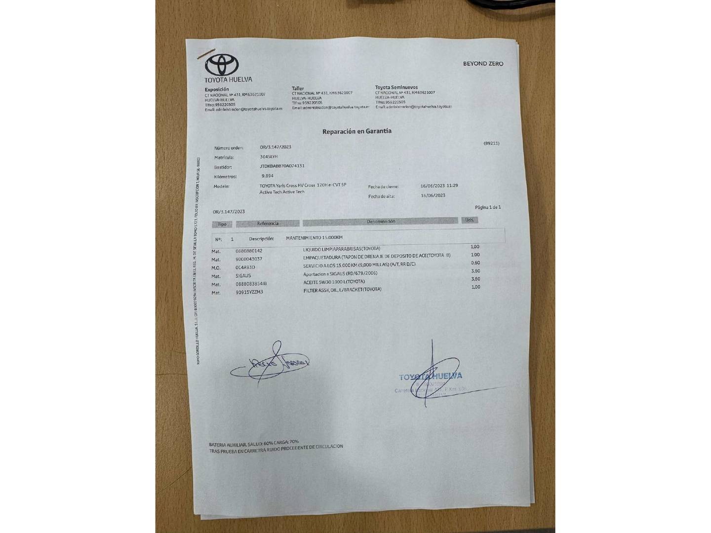 Foto del mantenimiento del Toyota Yaris Cross Toyota Yaris Cross 120H Active Tech (116 CV)