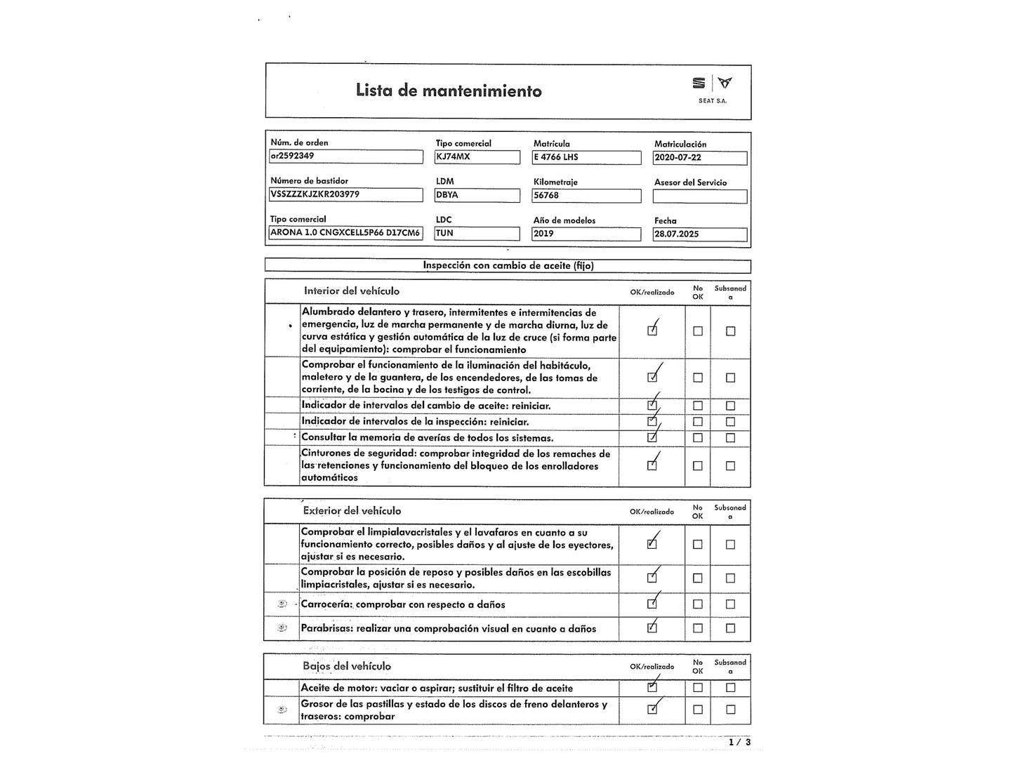 Foto del mantenimiento del Seat Arona Seat Arona 1.0 TGI GNC Xcellence (90 CV)