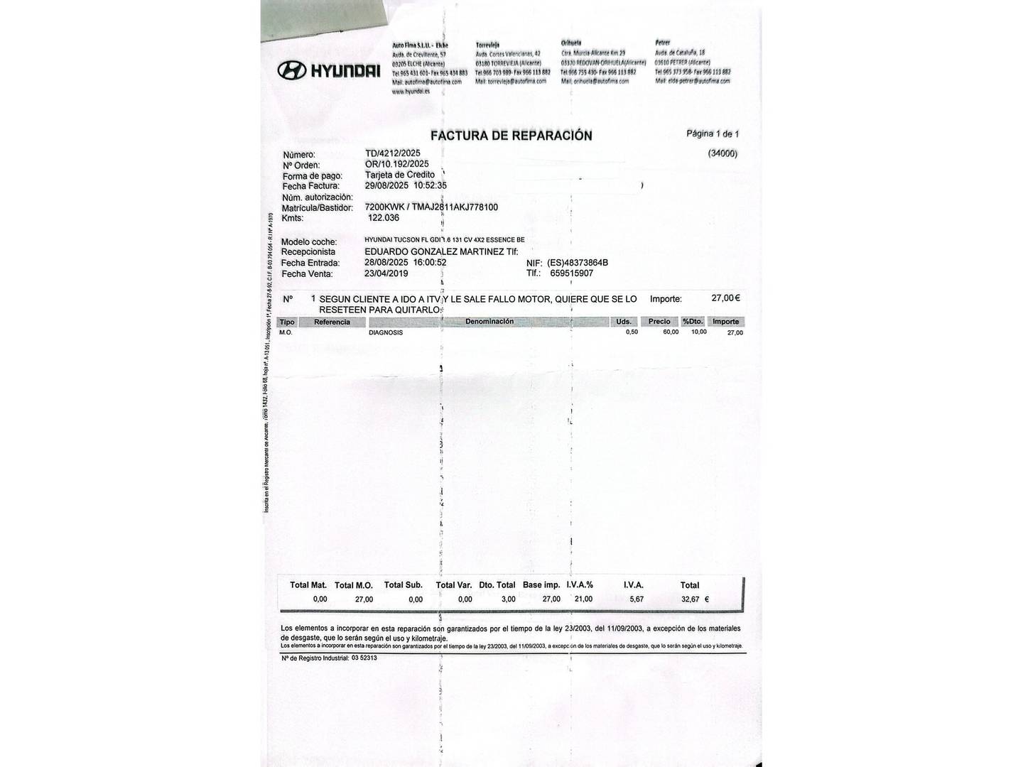 Foto del mantenimiento del Hyundai Tucson Hyundai Tucson 1.6 GDI BlueDrive Essence 4x2 (132 CV)