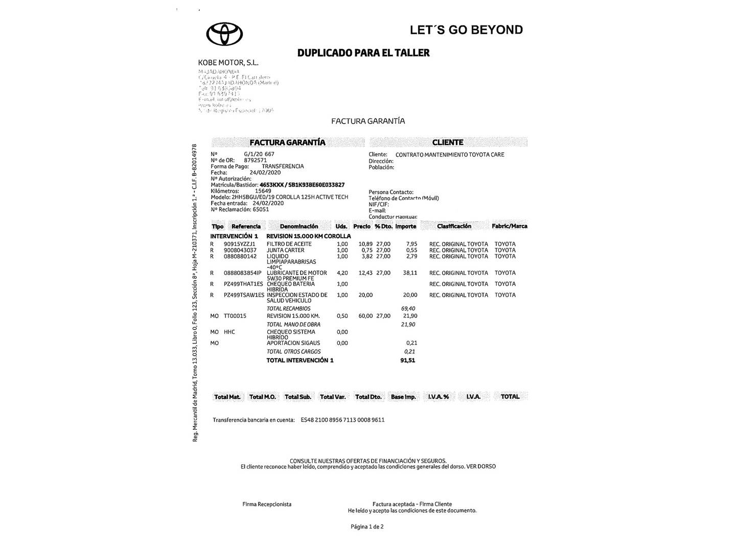 Foto del mantenimiento del Toyota Corolla Toyota Corolla 1.8 125 Híbrido Active Tech E-CVT (122 CV)