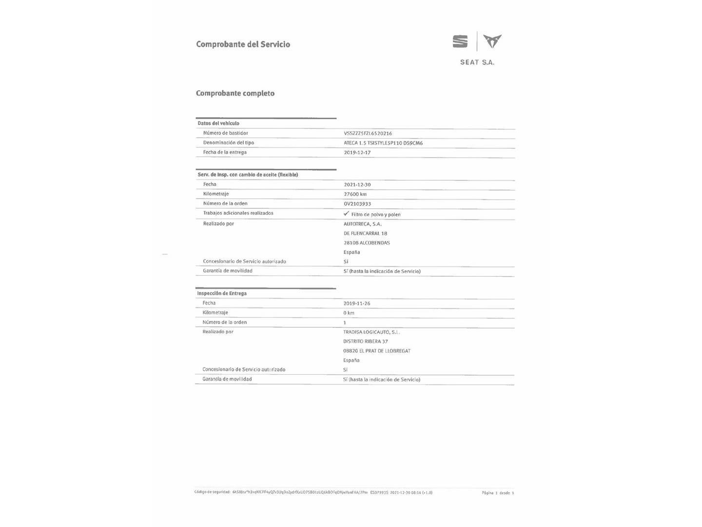 Foto del mantenimiento del Seat Ateca Seat Ateca 1.5 TSI S&S Style (150 CV)