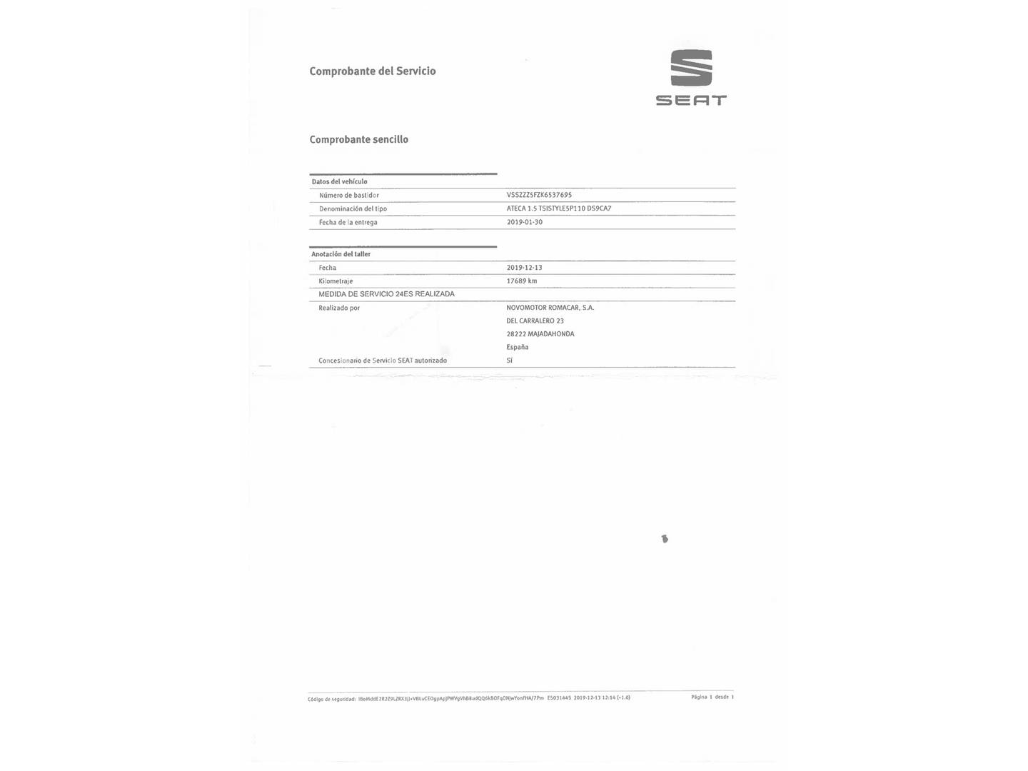 Foto del mantenimiento del Seat Ateca Seat Ateca 1.5 TSI S&S Style DSG (150 CV)