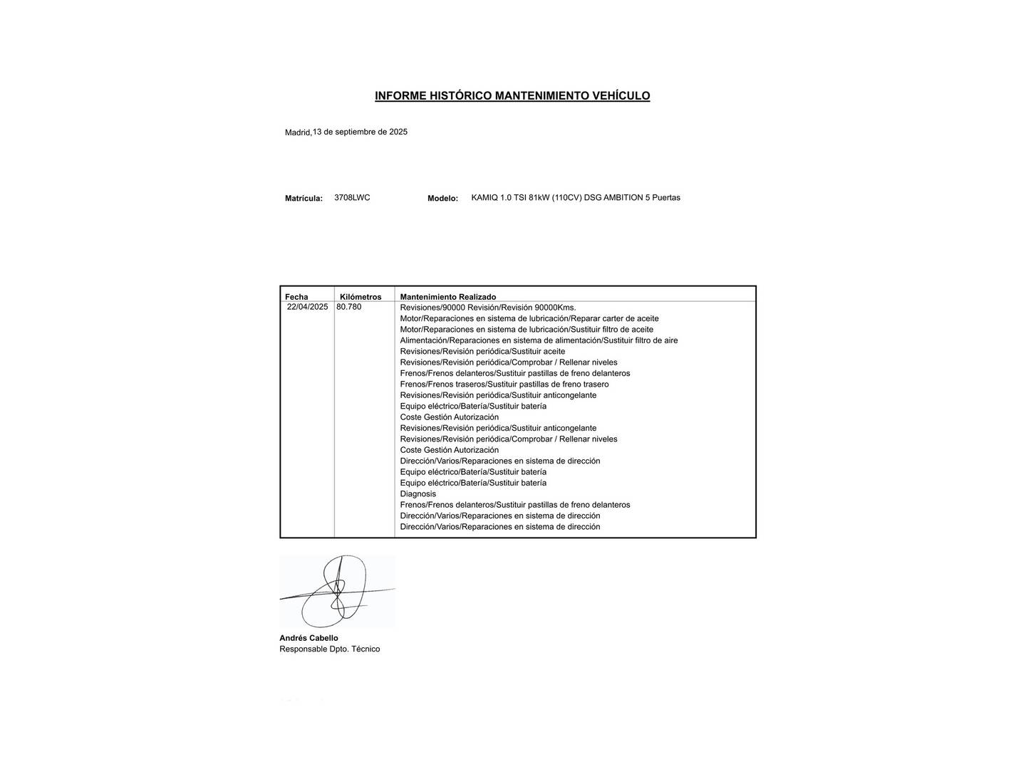 Foto del mantenimiento del Skoda Kamiq Skoda Kamiq 1.0 TSI Ambition DSG (110 CV)