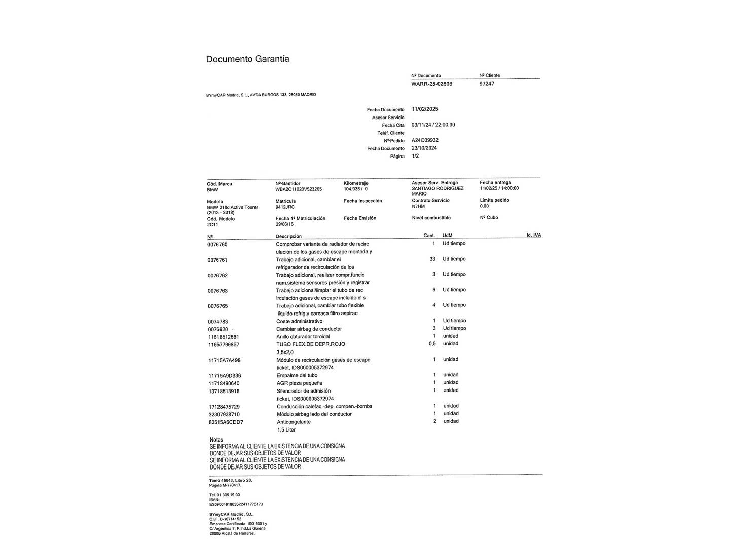 Foto del mantenimiento del BMW Serie 2 Active Tourer BMW Serie 2 218d Active Tourer (150 CV)