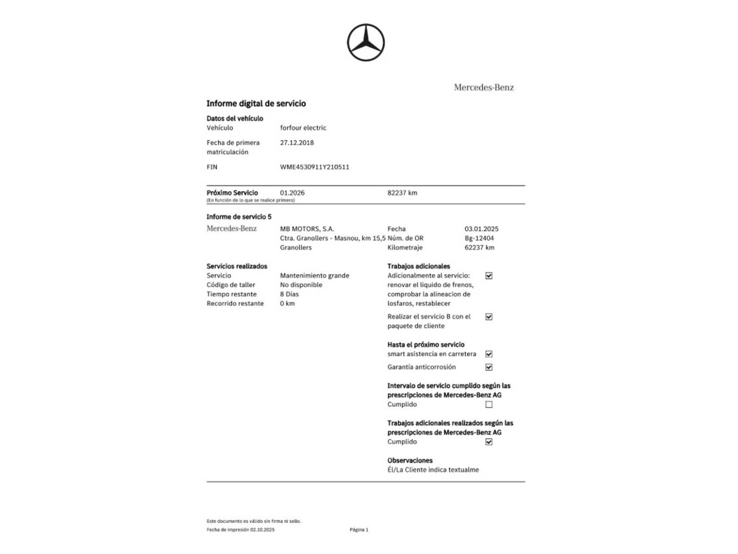 Foto del mantenimiento del Smart forfour Smart ForFour EQ electric drive (82 CV)